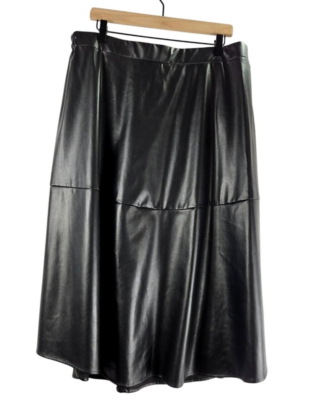 Black Midi Skirt Faux Leather 2X Bloomchick Paneled A-Line Flared Career Wear